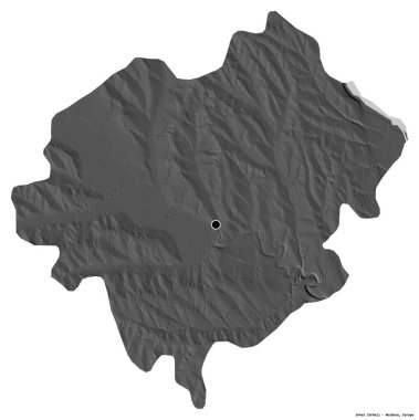 Moldova 'nın Orhei ilçesi, başkenti beyaz arka planda izole edilmiş. Çift seviyeli yükseklik haritası. 3B görüntüleme