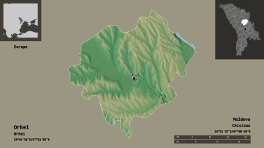 Moldova 'nın Orhei ilçesi ve başkenti. Uzaklık ölçeği, ön gösterimler ve etiketler. Topografik yardım haritası. 3B görüntüleme