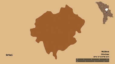 Moldova 'nın Orhei ilçesi, başkenti sağlam arka planda izole edilmiş. Uzaklık ölçeği, bölge önizlemesi ve etiketleri. Düzenli desenli dokuların bileşimi. 3B görüntüleme