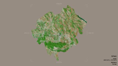 Moldova 'nın Orhei ilçesi, jeoreferatlı bir sınır kutusunda sağlam bir arka planda izole edilmiş. Etiketler. Uydu görüntüleri. 3B görüntüleme