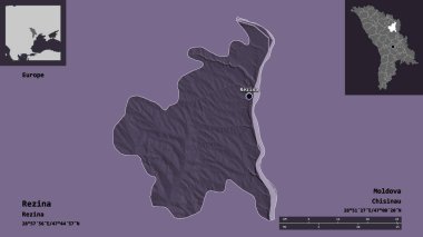 Moldova 'nın Rezina ilçesi ve başkenti. Uzaklık ölçeği, ön gösterimler ve etiketler. Renkli yükseklik haritası. 3B görüntüleme