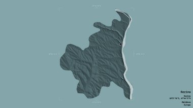 Moldova 'nın Rezina ilçesi, jeoreferatlı bir sınır kutusunun sağlam bir arka planında izole edilmiş. Etiketler. Renkli yükseklik haritası. 3B görüntüleme