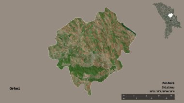 Moldova 'nın Orhei ilçesi, başkenti sağlam arka planda izole edilmiş. Uzaklık ölçeği, bölge önizlemesi ve etiketleri. Uydu görüntüleri. 3B görüntüleme