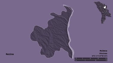 Moldova 'nın Rezina ilçesi, başkenti sağlam bir zemin üzerinde izole edilmiş. Uzaklık ölçeği, bölge önizlemesi ve etiketleri. Renkli yükseklik haritası. 3B görüntüleme