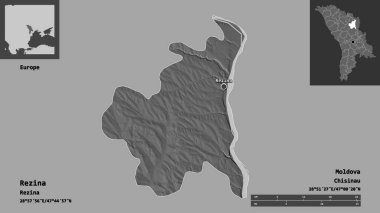 Moldova 'nın Rezina ilçesi ve başkenti. Uzaklık ölçeği, ön gösterimler ve etiketler. Çift seviyeli yükseklik haritası. 3B görüntüleme