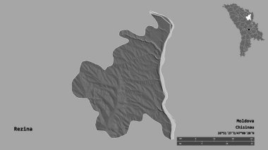 Moldova 'nın Rezina ilçesi, başkenti sağlam bir zemin üzerinde izole edilmiş. Uzaklık ölçeği, bölge önizlemesi ve etiketleri. Çift seviyeli yükseklik haritası. 3B görüntüleme