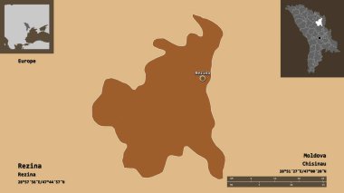 Moldova 'nın Rezina ilçesi ve başkenti. Uzaklık ölçeği, ön gösterimler ve etiketler. Düzenli desenli dokuların bileşimi. 3B görüntüleme