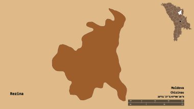 Moldova 'nın Rezina ilçesi, başkenti sağlam bir zemin üzerinde izole edilmiş. Uzaklık ölçeği, bölge önizlemesi ve etiketleri. Düzenli desenli dokuların bileşimi. 3B görüntüleme