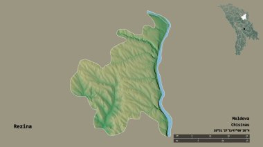 Moldova 'nın Rezina ilçesi, başkenti sağlam bir zemin üzerinde izole edilmiş. Uzaklık ölçeği, bölge önizlemesi ve etiketleri. Topografik yardım haritası. 3B görüntüleme