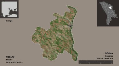 Moldova 'nın Rezina ilçesi ve başkenti. Uzaklık ölçeği, ön gösterimler ve etiketler. Uydu görüntüleri. 3B görüntüleme