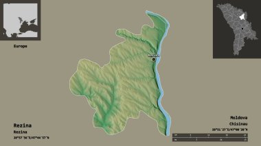 Moldova 'nın Rezina ilçesi ve başkenti. Uzaklık ölçeği, ön gösterimler ve etiketler. Topografik yardım haritası. 3B görüntüleme