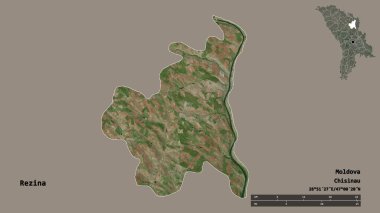 Moldova 'nın Rezina ilçesi, başkenti sağlam bir zemin üzerinde izole edilmiş. Uzaklık ölçeği, bölge önizlemesi ve etiketleri. Uydu görüntüleri. 3B görüntüleme