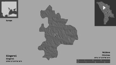 Singerei 'nin şekli, Moldova ilçesi ve başkenti. Uzaklık ölçeği, ön gösterimler ve etiketler. Çift seviyeli yükseklik haritası. 3B görüntüleme