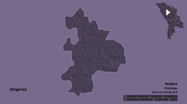 Moldova 'nın Singerei ilçesi, başkenti sağlam arka planda izole edilmiştir. Uzaklık ölçeği, bölge önizlemesi ve etiketleri. Renkli yükseklik haritası. 3B görüntüleme