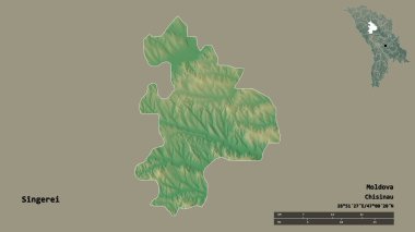 Moldova 'nın Singerei ilçesi, başkenti sağlam arka planda izole edilmiştir. Uzaklık ölçeği, bölge önizlemesi ve etiketleri. Topografik yardım haritası. 3B görüntüleme