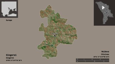 Singerei 'nin şekli, Moldova ilçesi ve başkenti. Uzaklık ölçeği, ön gösterimler ve etiketler. Uydu görüntüleri. 3B görüntüleme