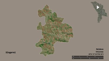 Moldova 'nın Singerei ilçesi, başkenti sağlam arka planda izole edilmiştir. Uzaklık ölçeği, bölge önizlemesi ve etiketleri. Uydu görüntüleri. 3B görüntüleme