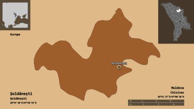 Moldova 'nın Soldanesti ilçesi ve başkenti. Uzaklık ölçeği, ön gösterimler ve etiketler. Düzenli desenli dokuların bileşimi. 3B görüntüleme