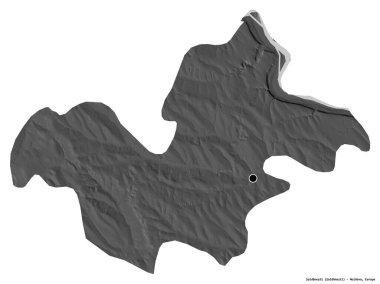 Moldova 'nın Soldanesti ilçesi, başkenti beyaz arka planda izole edilmiş. Çift seviyeli yükseklik haritası. 3B görüntüleme