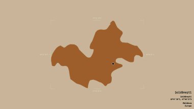 Moldova 'nın Soldanesti bölgesi, katı bir arka planda bir sınır kutusunda izole edilmiş. Etiketler. Desenli dokuların bileşimi. 3B görüntüleme