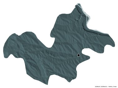 Moldova 'nın Soldanesti ilçesi, başkenti beyaz arka planda izole edilmiş. Renkli yükseklik haritası. 3B görüntüleme