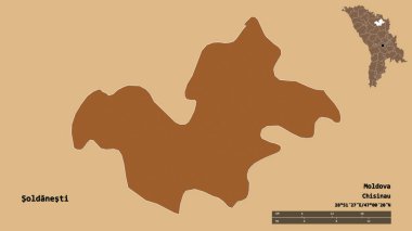 Moldova 'nın Soldanesti ilçesi, başkenti sağlam arka planda izole edilmiş. Uzaklık ölçeği, bölge önizlemesi ve etiketleri. Düzenli desenli dokuların bileşimi. 3B görüntüleme