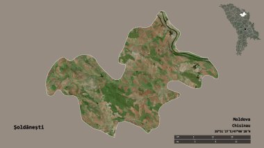 Moldova 'nın Soldanesti ilçesi, başkenti sağlam arka planda izole edilmiş. Uzaklık ölçeği, bölge önizlemesi ve etiketleri. Uydu görüntüleri. 3B görüntüleme