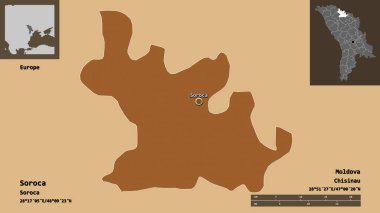 Soroca 'nın şekli, Moldova ilçesi ve başkenti. Uzaklık ölçeği, ön gösterimler ve etiketler. Düzenli desenli dokuların bileşimi. 3B görüntüleme