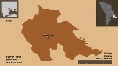 Moldova 'nın Stefan Voda ilçesi ve başkenti. Uzaklık ölçeği, ön gösterimler ve etiketler. Düzenli desenli dokuların bileşimi. 3B görüntüleme