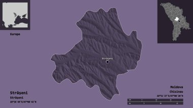 Straseni 'nin şekli, Moldova ilçesi ve başkenti. Uzaklık ölçeği, ön gösterimler ve etiketler. Renkli yükseklik haritası. 3B görüntüleme