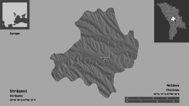 Straseni 'nin şekli, Moldova ilçesi ve başkenti. Uzaklık ölçeği, ön gösterimler ve etiketler. Çift seviyeli yükseklik haritası. 3B görüntüleme