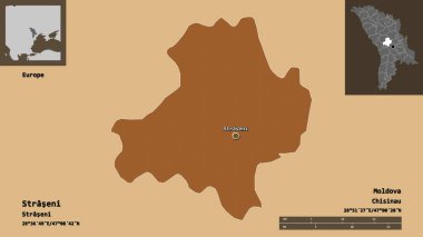 Straseni 'nin şekli, Moldova ilçesi ve başkenti. Uzaklık ölçeği, ön gösterimler ve etiketler. Düzenli desenli dokuların bileşimi. 3B görüntüleme