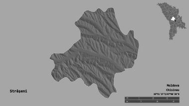 Moldova 'nın Straseni ilçesi, başkenti sağlam bir zemin üzerinde izole edilmiştir. Uzaklık ölçeği, bölge önizlemesi ve etiketleri. Çift seviyeli yükseklik haritası. 3B görüntüleme