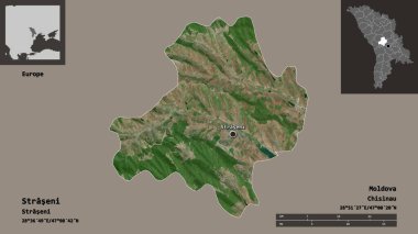 Straseni 'nin şekli, Moldova ilçesi ve başkenti. Uzaklık ölçeği, ön gösterimler ve etiketler. Uydu görüntüleri. 3B görüntüleme