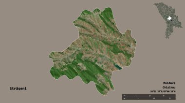 Moldova 'nın Straseni ilçesi, başkenti sağlam bir zemin üzerinde izole edilmiştir. Uzaklık ölçeği, bölge önizlemesi ve etiketleri. Uydu görüntüleri. 3B görüntüleme