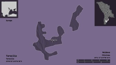 Taraclia 'nın şekli, Moldova ilçesi ve başkenti. Uzaklık ölçeği, ön gösterimler ve etiketler. Renkli yükseklik haritası. 3B görüntüleme