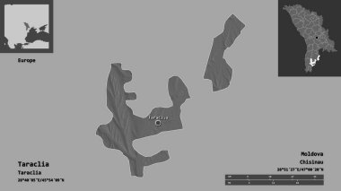 Taraclia 'nın şekli, Moldova ilçesi ve başkenti. Uzaklık ölçeği, ön gösterimler ve etiketler. Çift seviyeli yükseklik haritası. 3B görüntüleme