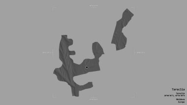 Taraclia Bölgesi, Moldova Bölgesi, jeoreferatlı bir sınır kutusunda sağlam bir arka planda izole edildi. Etiketler. Çift seviyeli yükseklik haritası. 3B görüntüleme