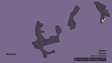 Moldova 'nın Taraclia ilçesi, başkenti sağlam bir zemin üzerinde izole edilmiş. Uzaklık ölçeği, bölge önizlemesi ve etiketleri. Renkli yükseklik haritası. 3B görüntüleme