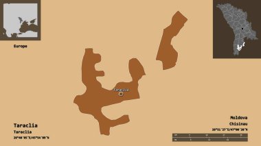 Taraclia 'nın şekli, Moldova ilçesi ve başkenti. Uzaklık ölçeği, ön gösterimler ve etiketler. Düzenli desenli dokuların bileşimi. 3B görüntüleme