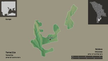 Taraclia 'nın şekli, Moldova ilçesi ve başkenti. Uzaklık ölçeği, ön gösterimler ve etiketler. Topografik yardım haritası. 3B görüntüleme