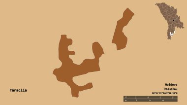 Moldova 'nın Taraclia ilçesi, başkenti sağlam bir zemin üzerinde izole edilmiş. Uzaklık ölçeği, bölge önizlemesi ve etiketleri. Düzenli desenli dokuların bileşimi. 3B görüntüleme