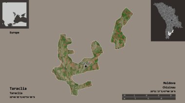 Taraclia 'nın şekli, Moldova ilçesi ve başkenti. Uzaklık ölçeği, ön gösterimler ve etiketler. Uydu görüntüleri. 3B görüntüleme