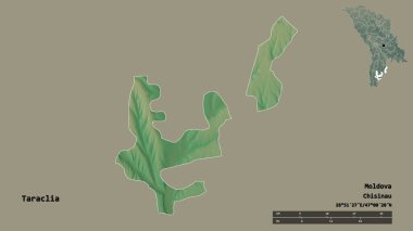 Moldova 'nın Taraclia ilçesi, başkenti sağlam bir zemin üzerinde izole edilmiş. Uzaklık ölçeği, bölge önizlemesi ve etiketleri. Topografik yardım haritası. 3B görüntüleme