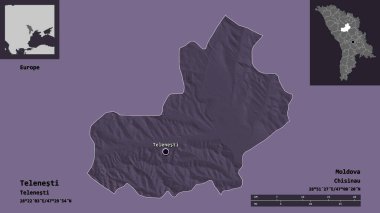 Moldova 'nın Telenesti ilçesi ve başkenti. Uzaklık ölçeği, ön gösterimler ve etiketler. Renkli yükseklik haritası. 3B görüntüleme