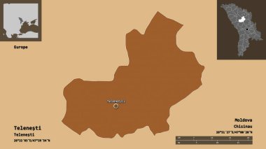 Moldova 'nın Telenesti ilçesi ve başkenti. Uzaklık ölçeği, ön gösterimler ve etiketler. Düzenli desenli dokuların bileşimi. 3B görüntüleme