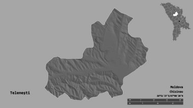 Moldova 'nın Telenesti ilçesi, başkenti sağlam arka planda izole edilmiş. Uzaklık ölçeği, bölge önizlemesi ve etiketleri. Çift seviyeli yükseklik haritası. 3B görüntüleme
