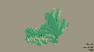 Moldova 'nın Telenesti bölgesi, jeoreferatlı bir sınır kutusunun sağlam bir arka planında izole edilmiş. Etiketler. Topografik yardım haritası. 3B görüntüleme