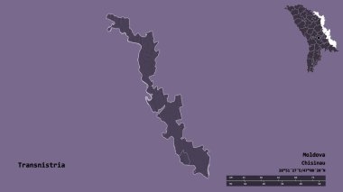 Moldova 'nın toprak birimi Transnistria' nın şekli, başkenti sağlam bir zemin üzerinde izole edilmiş. Uzaklık ölçeği, bölge önizlemesi ve etiketleri. Renkli yükseklik haritası. 3B görüntüleme