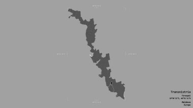 Moldova 'nın Transnistria bölgesi, bir sınır kutusunda sağlam bir arka planda izole edilmiş. Etiketler. Çift seviyeli yükseklik haritası. 3B görüntüleme